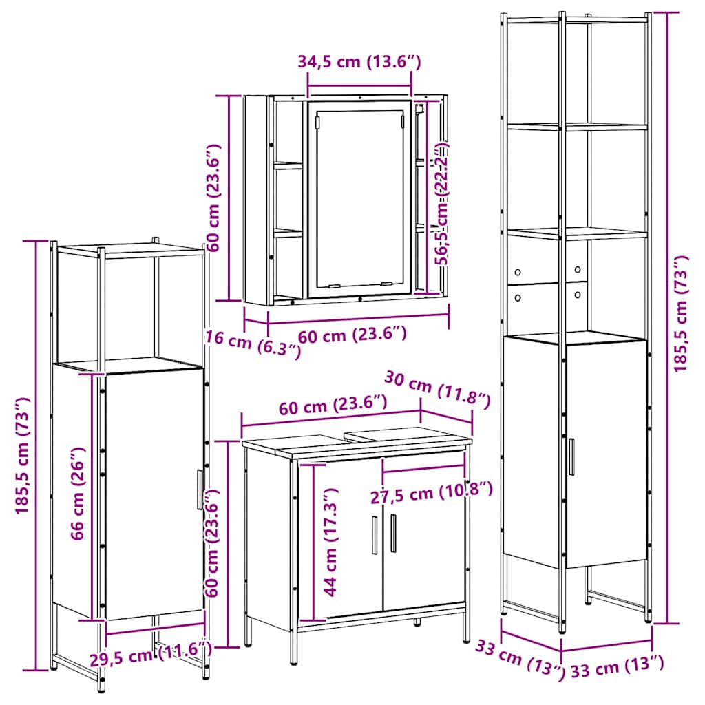 Juego de muebles de baño 4 pcs Marrón 33 x 33 x 185.5 cm