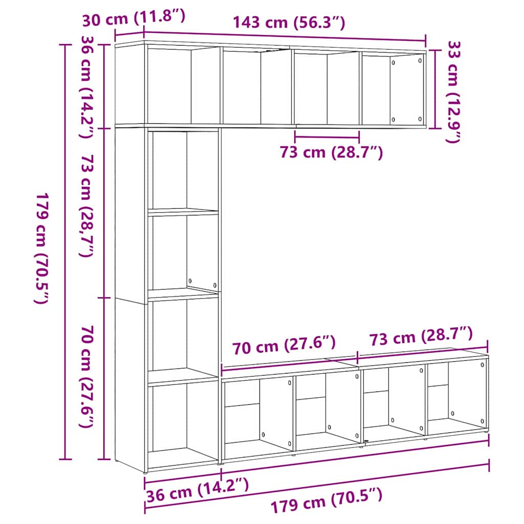 Estante de libros 3 pcs Roble Negro 36 x 30 x 143 cm