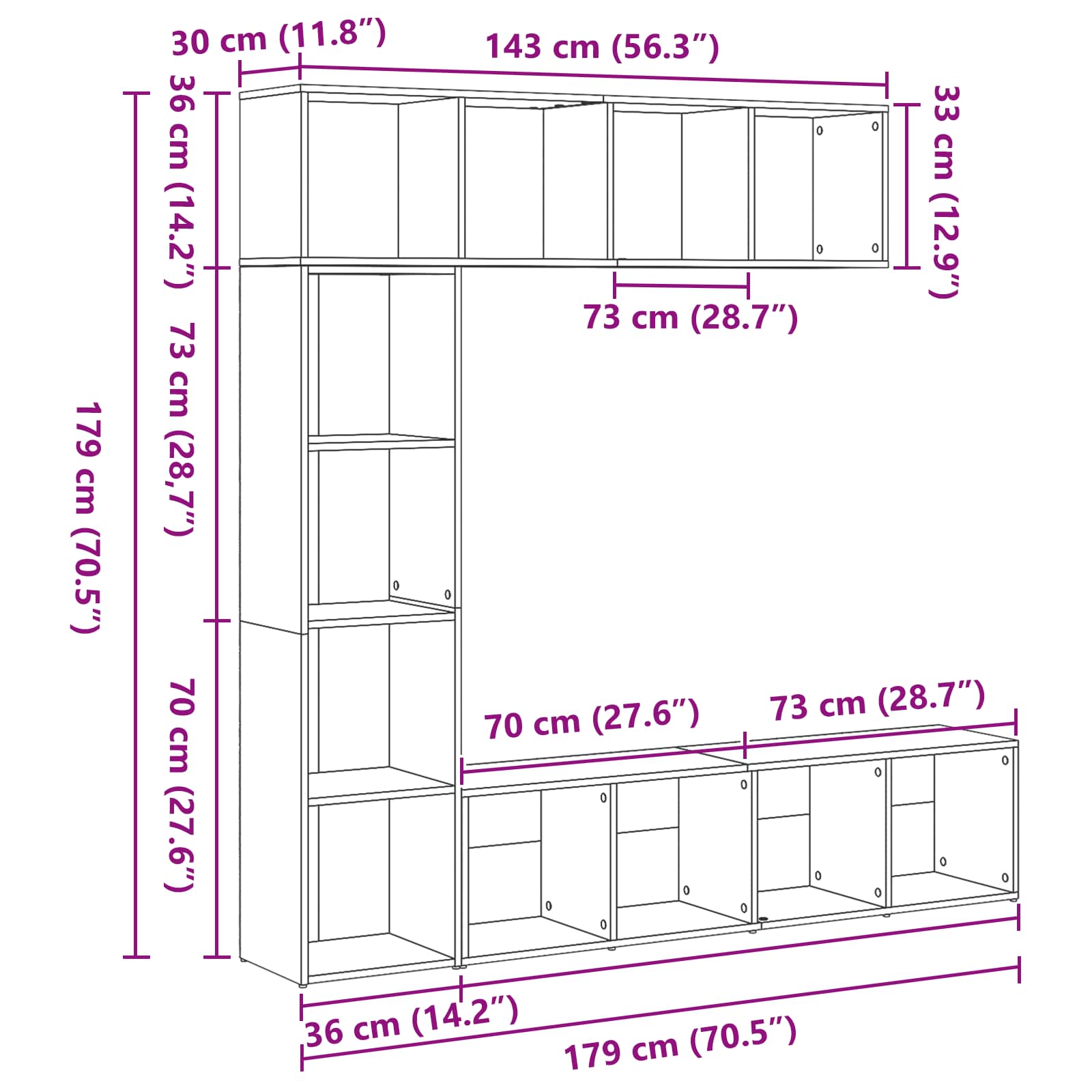 Estante de libros 3 pcs Roble Negro 36 x 30 x 143 cm