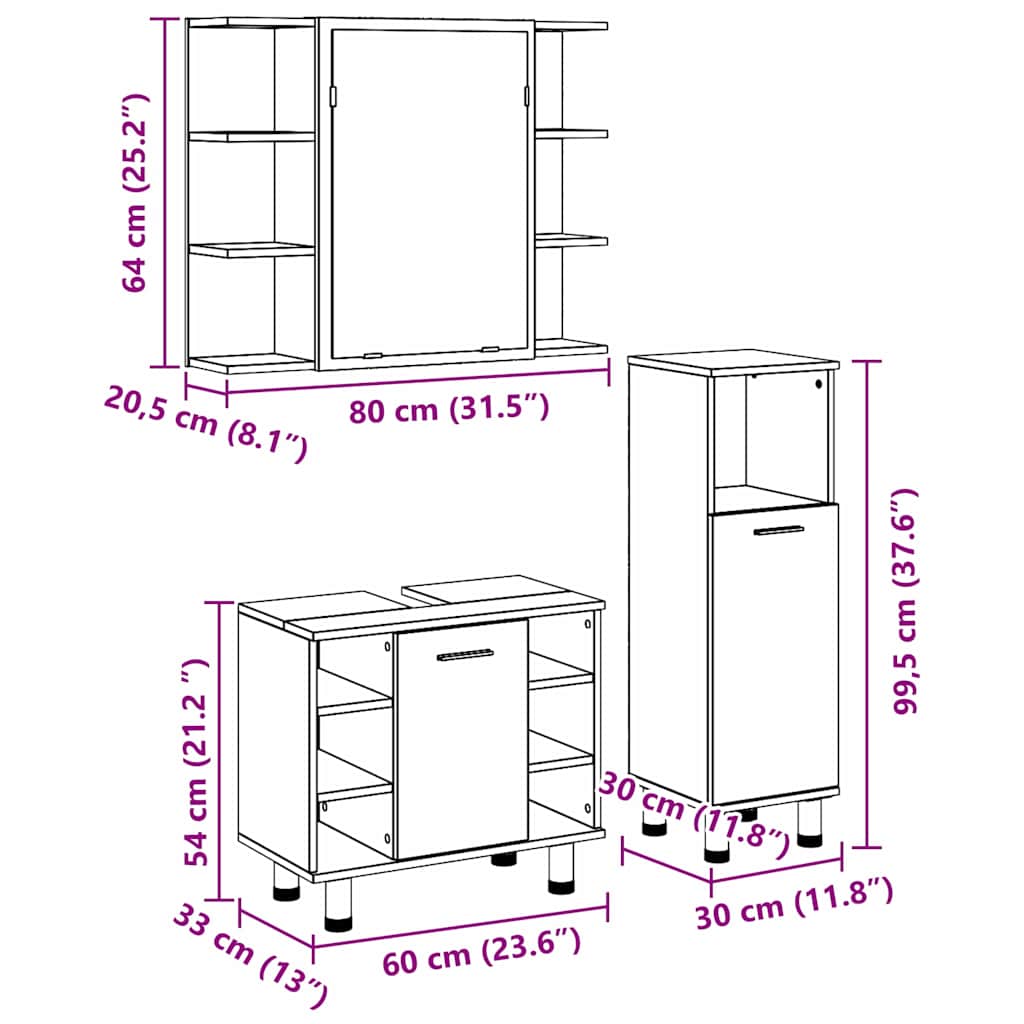Juego de muebles de baño 3 pcs Negro 30 x 30 x 99,5 cm