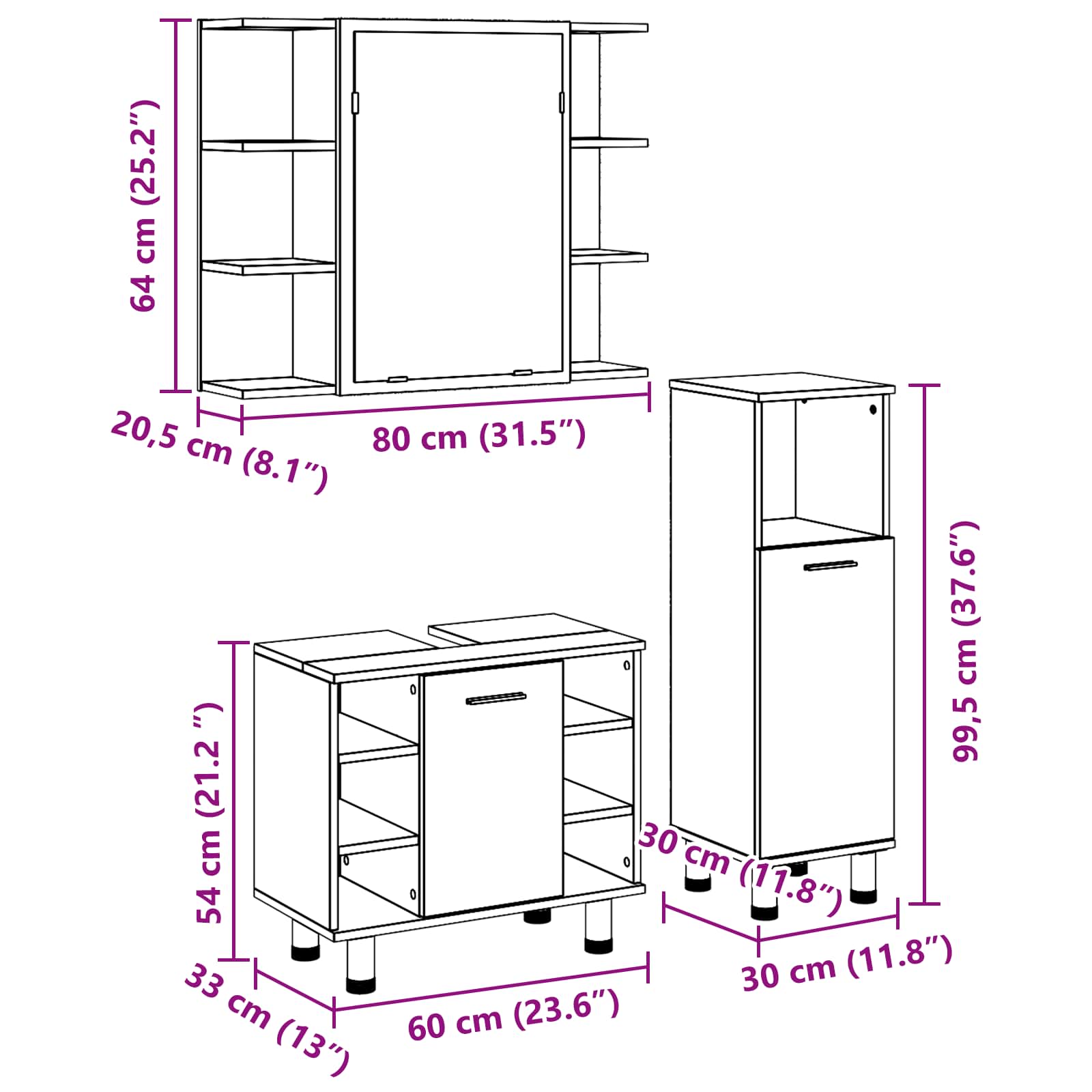 Juego de muebles de baño 3 pcs Negro 30 x 30 x 99,5 cm