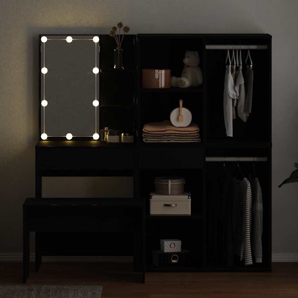 Conjunto de mesa de vestidor con LED 4 pcs Roble Negro