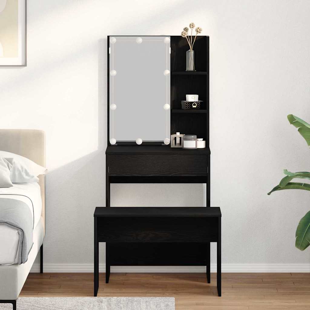 LED Vanity Table Set with 2 Drawers Black Oak