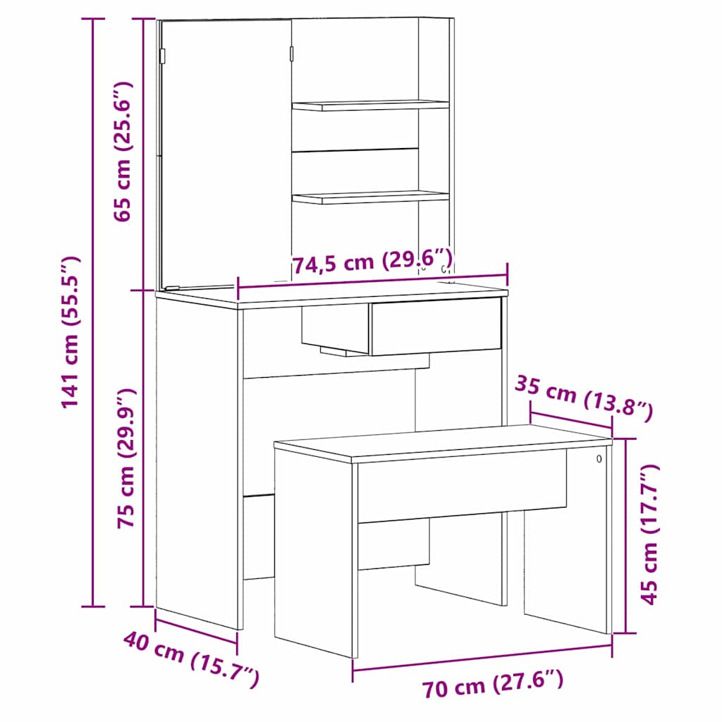 Conjunto de Mesa de Tocador con cajón 2 pcs Roble Negro