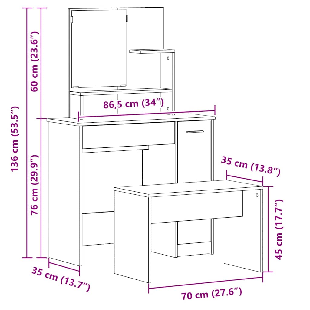 Conjunto de Mesa de Tocador con cajón 2 pcs Roble Negro