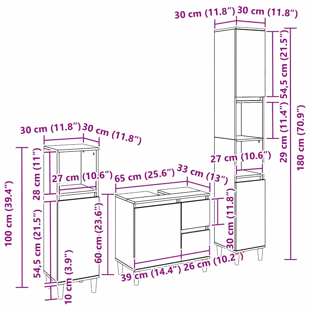 Juego de muebles de baño Montaje en la pared 3 pcs Roble Negro