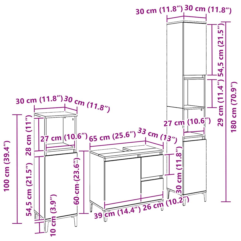 Juego de muebles de baño Montaje en la pared 3 pcs Roble Negro