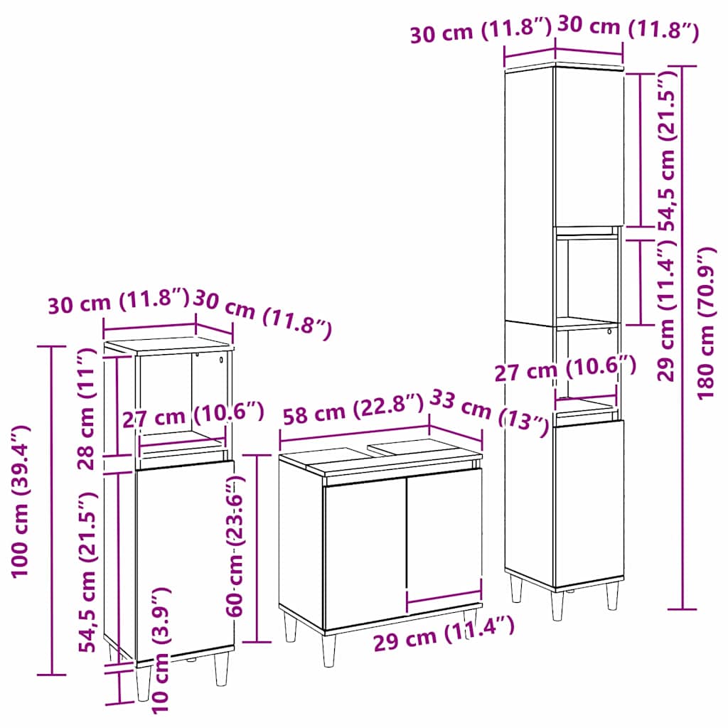 Juego de muebles de baño Montaje en la pared 3 pcs Roble Negro
