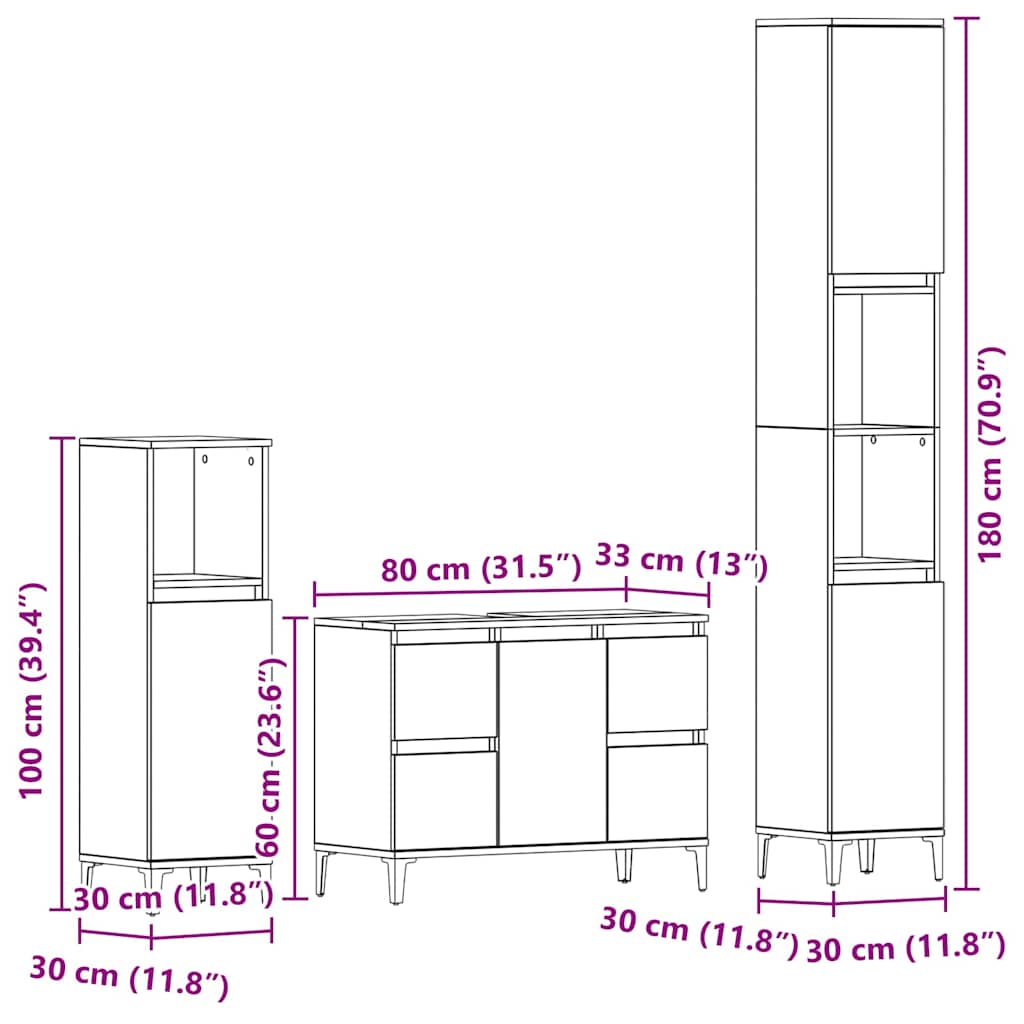Juego de muebles de baño Montaje en la pared 3 pcs Roble Negro