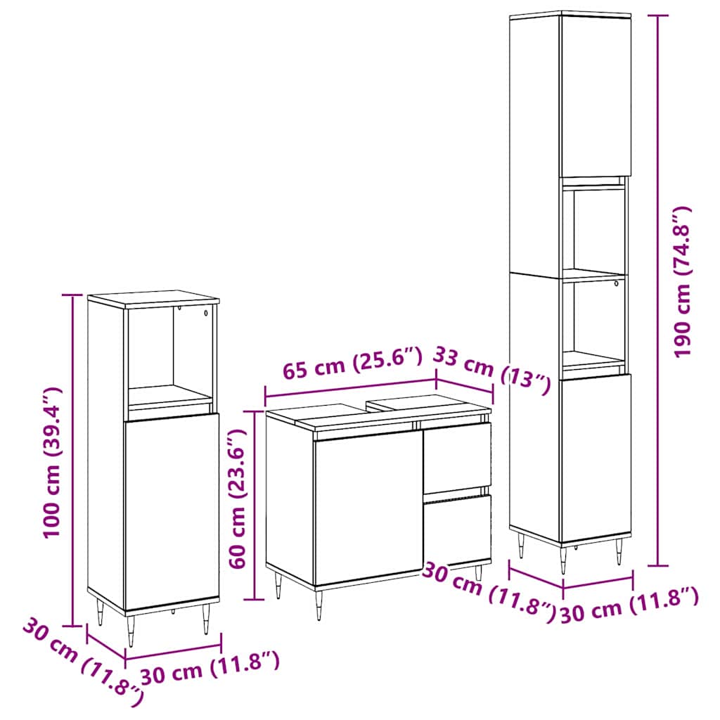 Juego de muebles de baño 3 pcs Roble Negro 30 x 30 x 190 cm