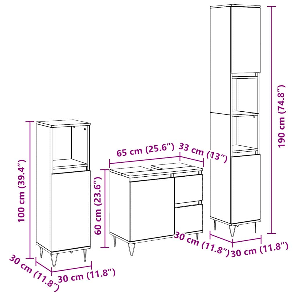 Juego de muebles de baño 3 pcs Roble Negro 30 x 30 x 190 cm