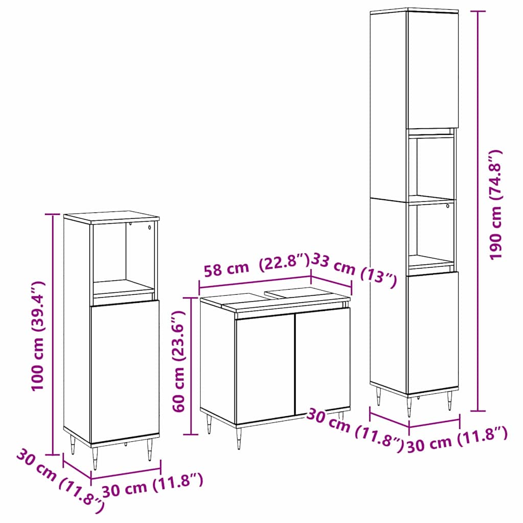 Juego de muebles de baño 3 pcs Roble Negro 30 x 30 x 190 cm