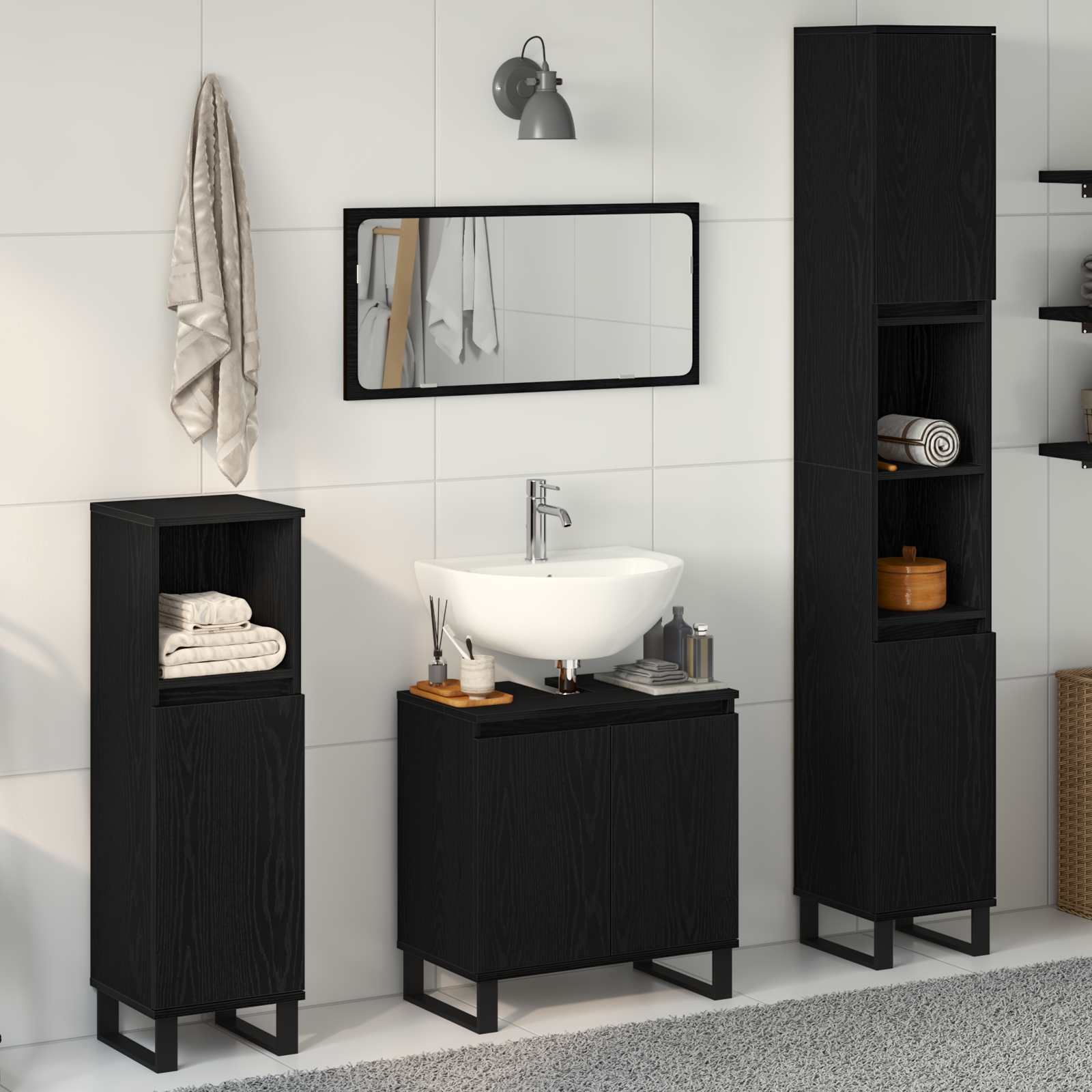 Juego de muebles de baño Montaje en la pared 3 pcs Roble Negro