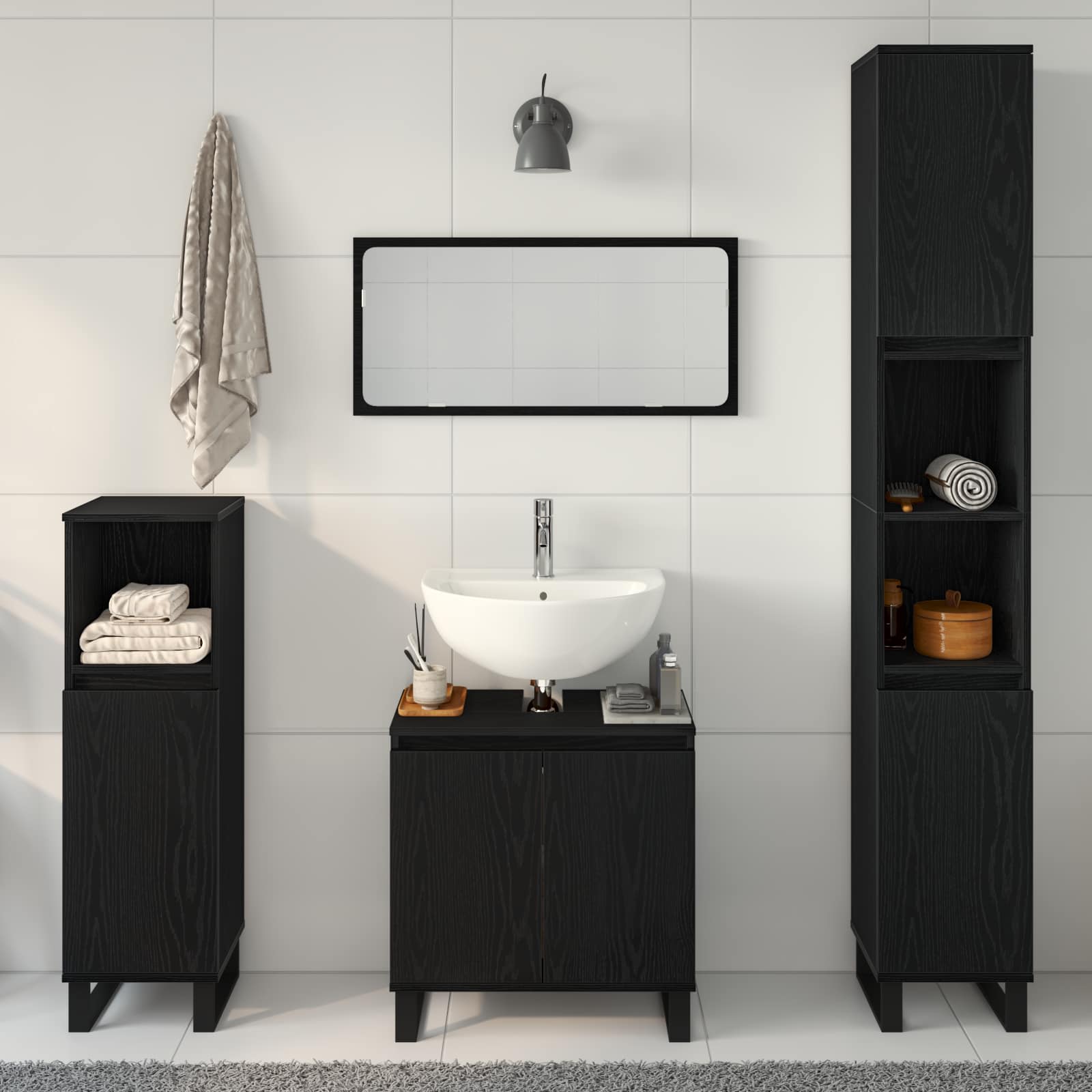 Juego de muebles de baño Montaje en la pared 3 pcs Roble Negro