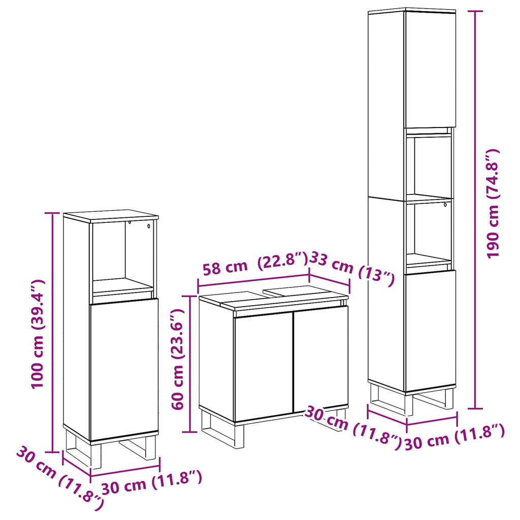 Juego de muebles de baño Montaje en la pared 3 pcs Roble Negro