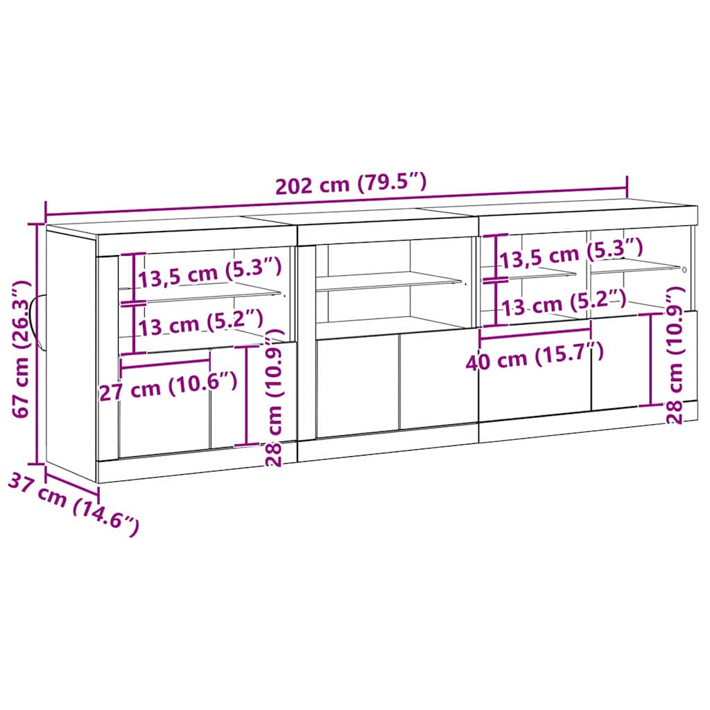 Aparador LED Madera vieja 202 x 37 x 67 cm Madera de ingeniería