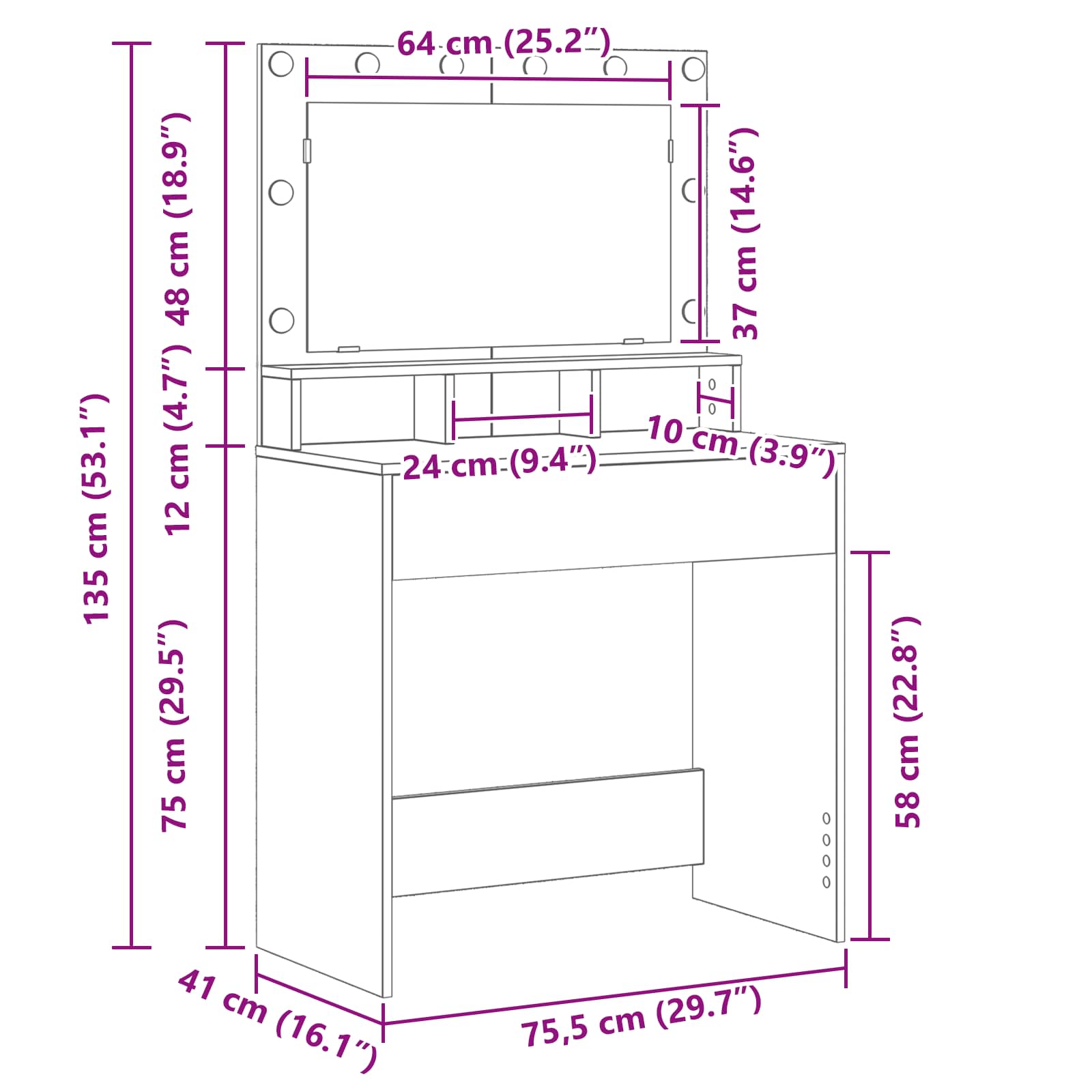 Mesa Tocador con espejo 78,5 x 41 x 135 cm Madera de ingeniería