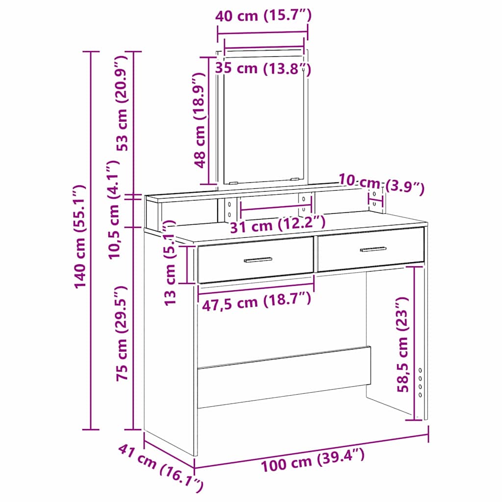 Mesa Tocador con cajón 100 x 41 x 140 cm Madera de ingeniería