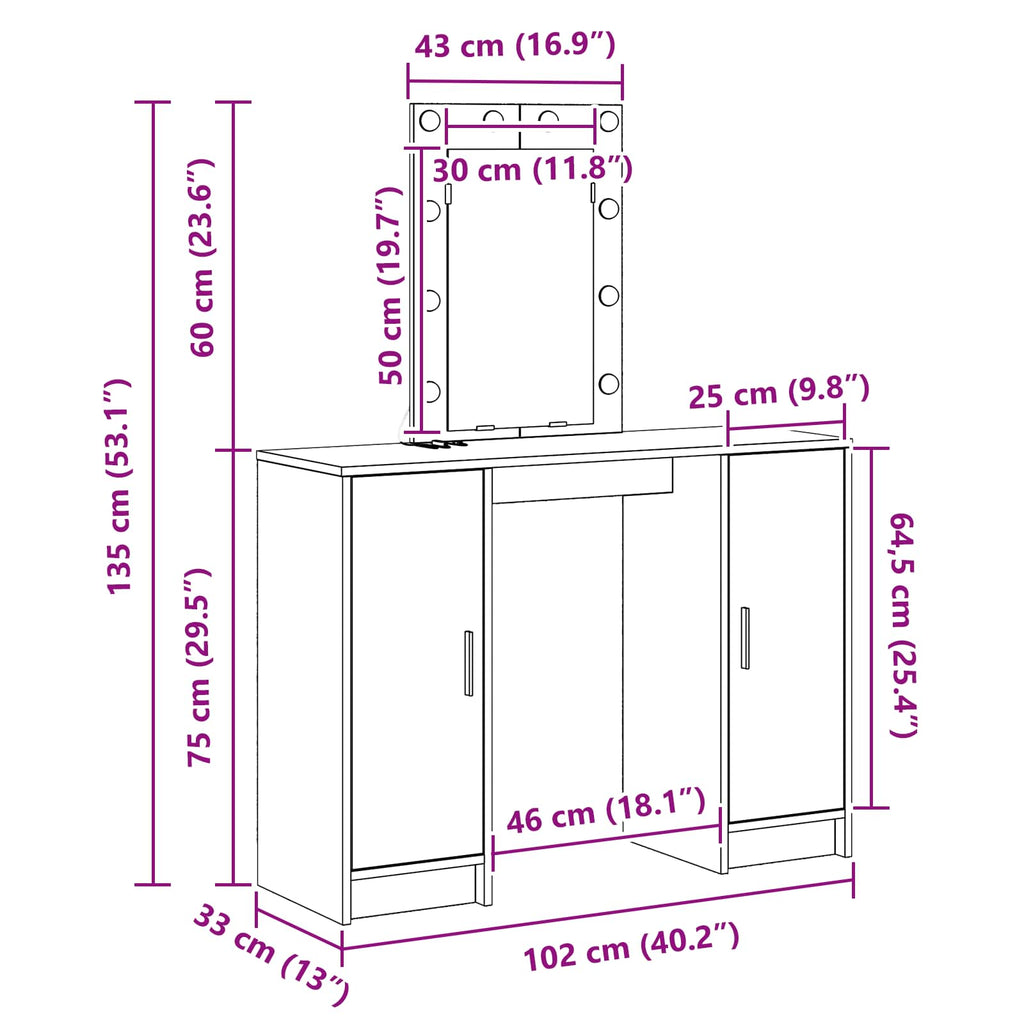 Mesa Tocador con puerta 102 x 33 x 135 cm Madera de ingeniería