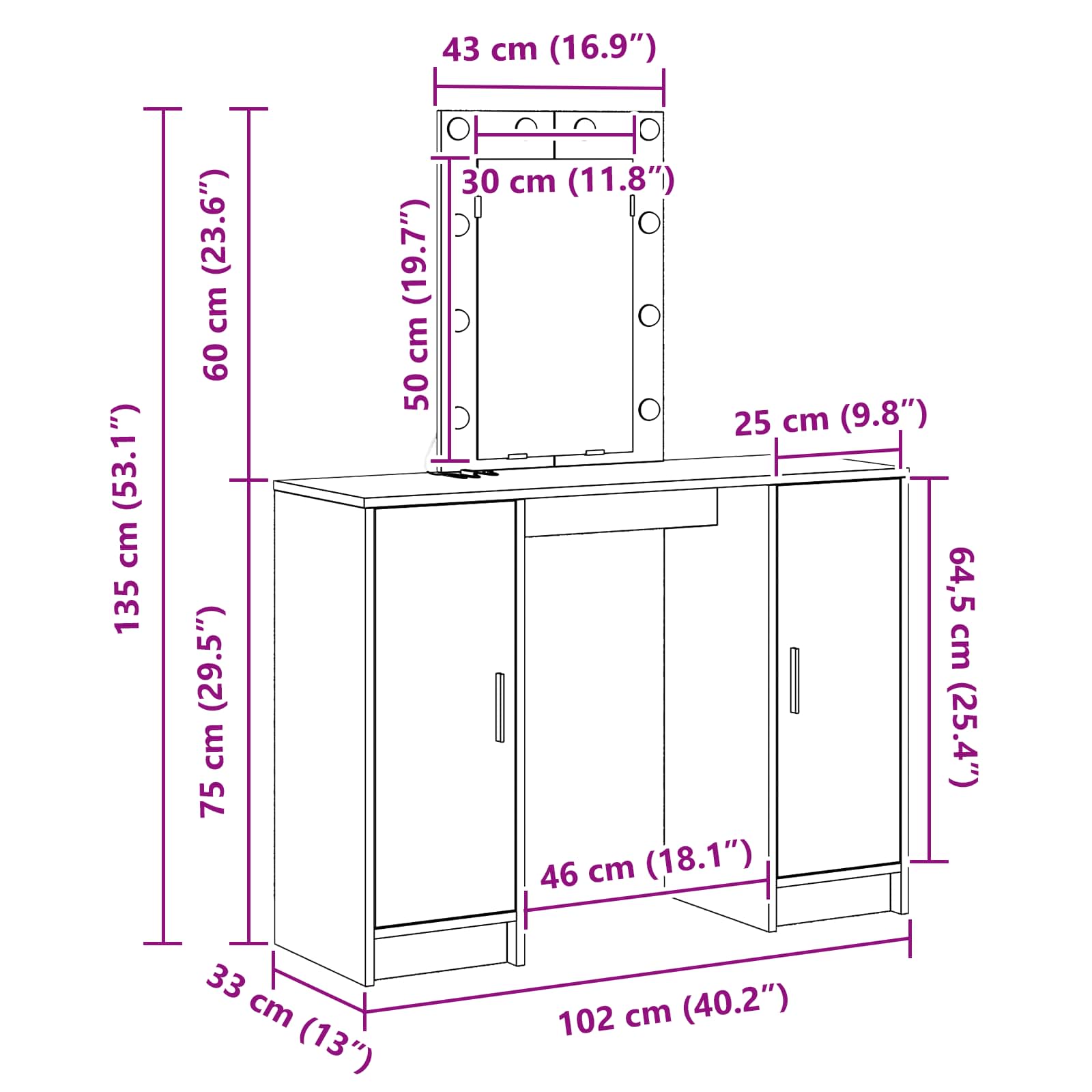 Mesa Tocador con puerta 102 x 33 x 135 cm Madera de ingeniería