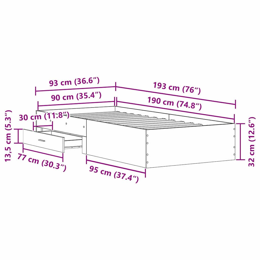 Estructura de cama Roble Negro 90 x 190 cm Madera contrachapada