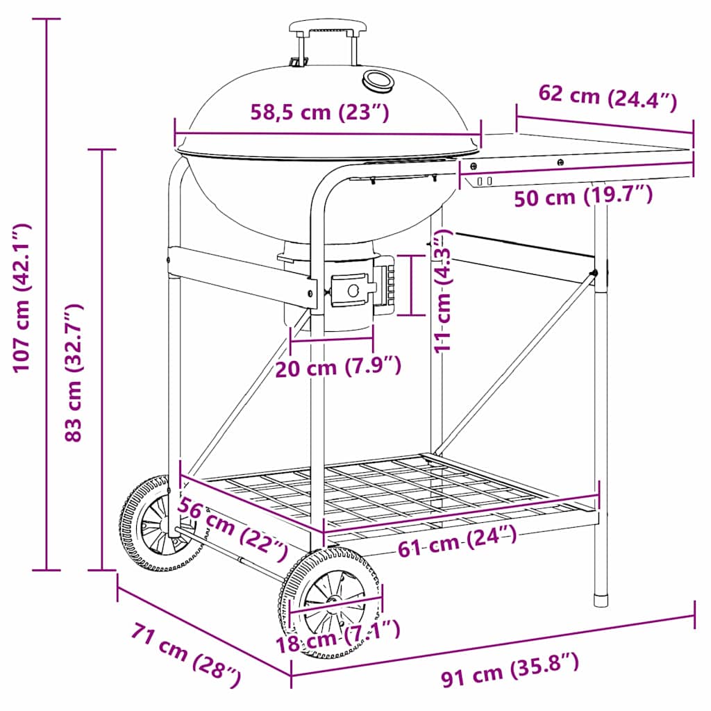 Parrilla al aire libre con rueda Negro 91 x 71 x 107 cm Metal