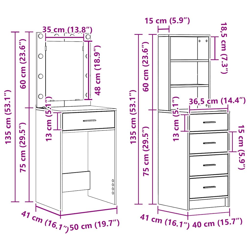Mesa de tocador con cajón 2 pcs Blanco 50 x 41 x 135 cm
