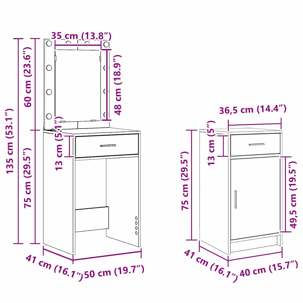 Mesa de tocador con cajón 2 pcs Blanco 50 x 41 x 135 cm