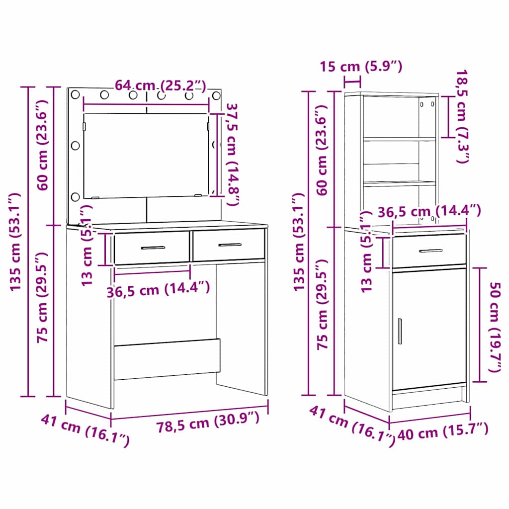 Mesa Tocador con cajón 2 pcs Gris Madera de ingeniería