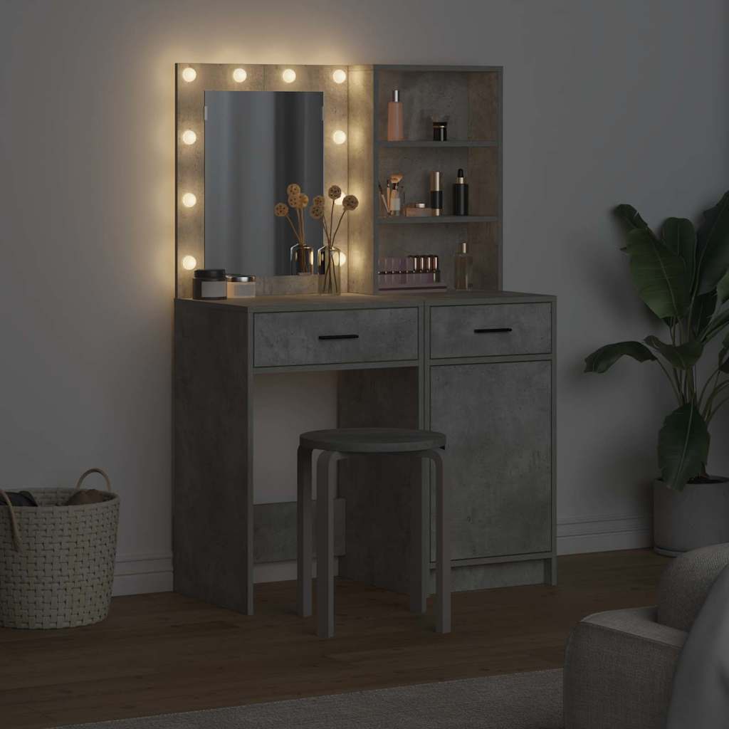 Conjunto de mesa de vestidor con LED 2 pcs Gris Concreto