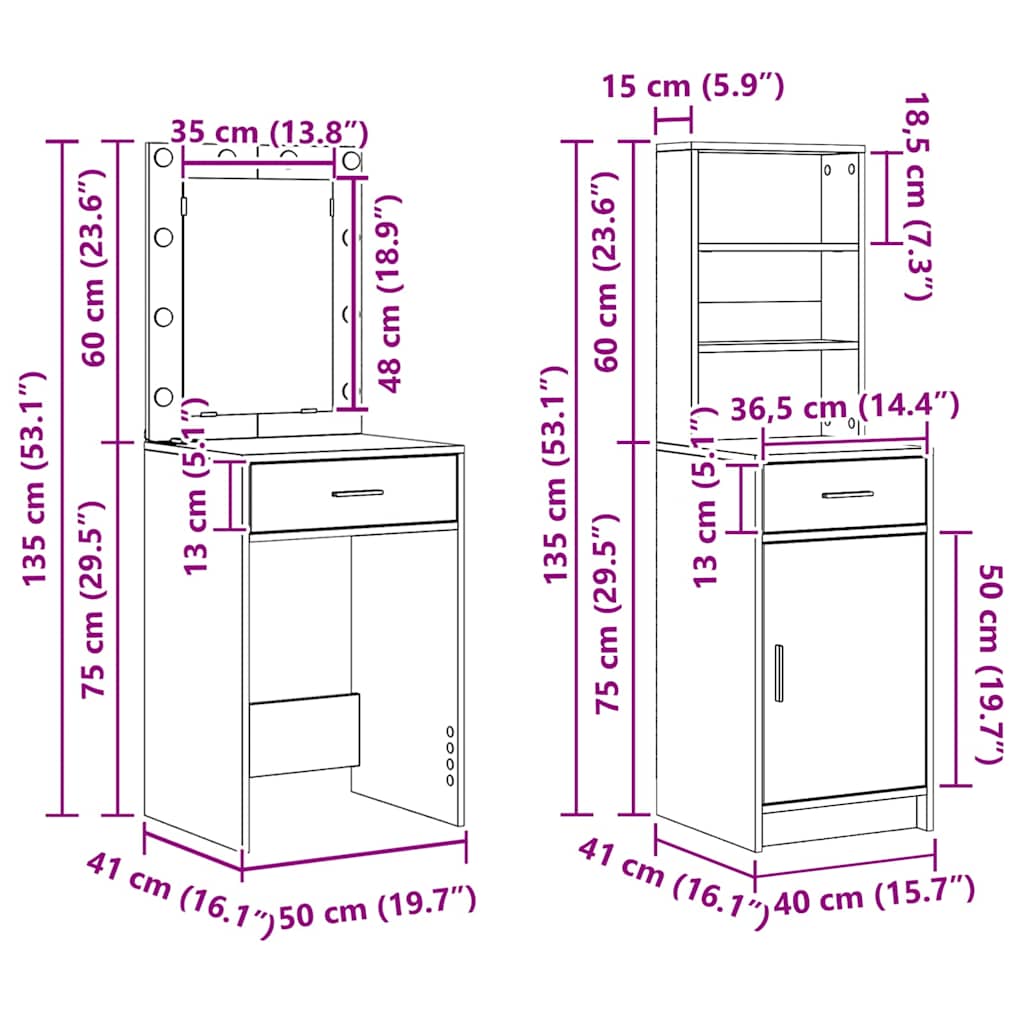 Conjunto de mesa de vestidor con LED 2 pcs Gris Concreto