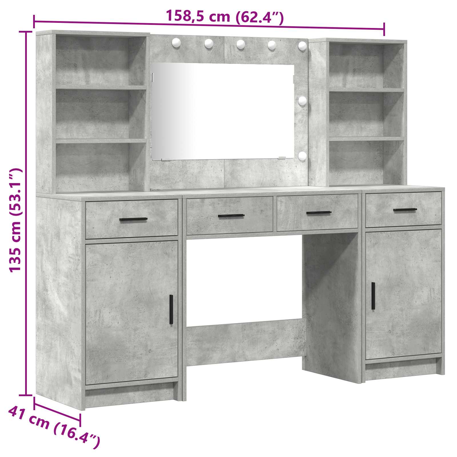 Conjunto de mesa de vestidor con LED 3 pcs Gris Concreto