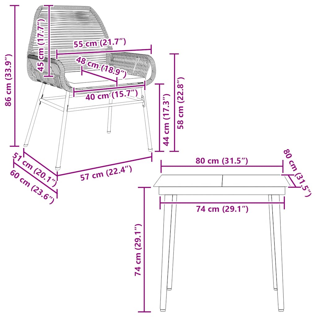 Juego comedor jardín 3 pzas cojines ratán sintético vidrio gris