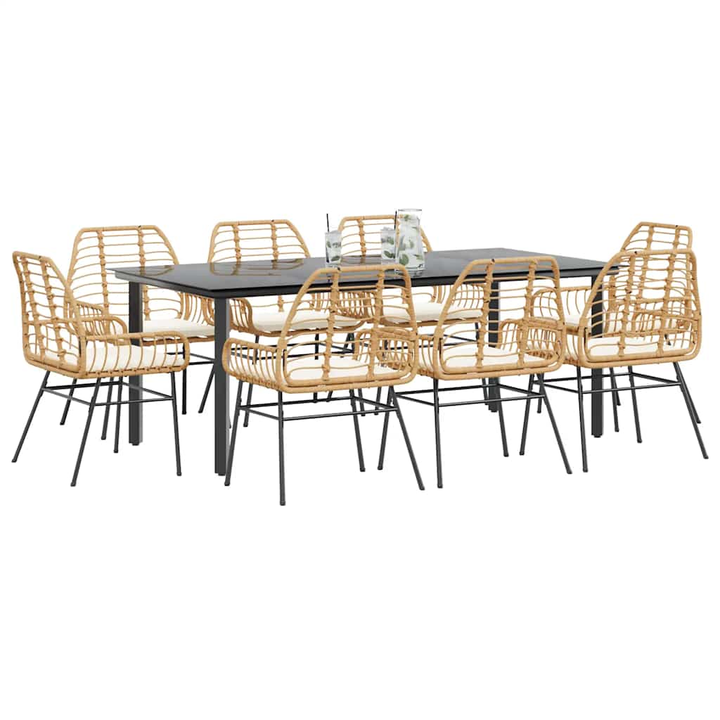 Juego comedor jardín 3 pzas cojines ratán sintético vidrio gris