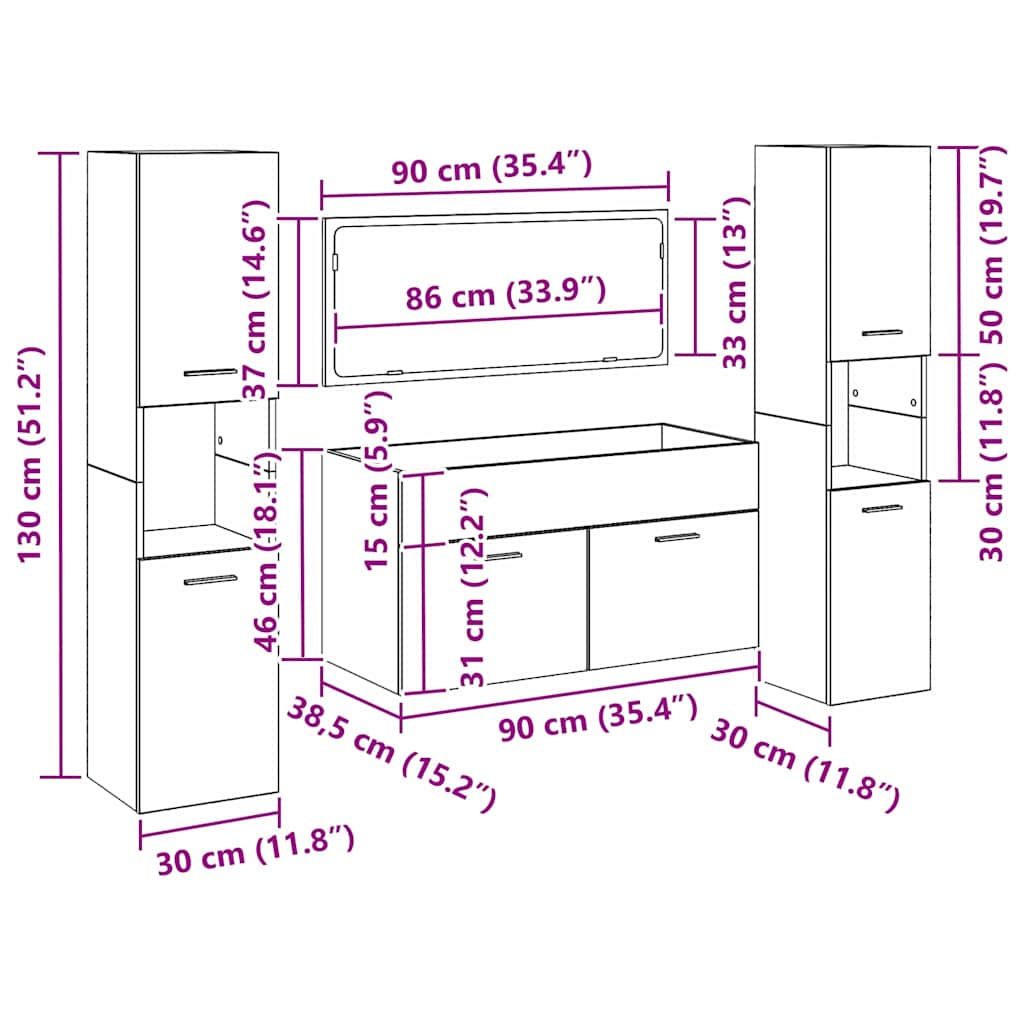 Juego de muebles de baño 4 pcs Roble Negro Madera de ingeniería