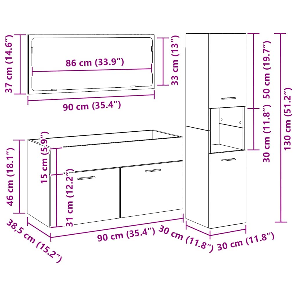 Juego de muebles de baño 3 pcs Roble Negro Madera de ingeniería