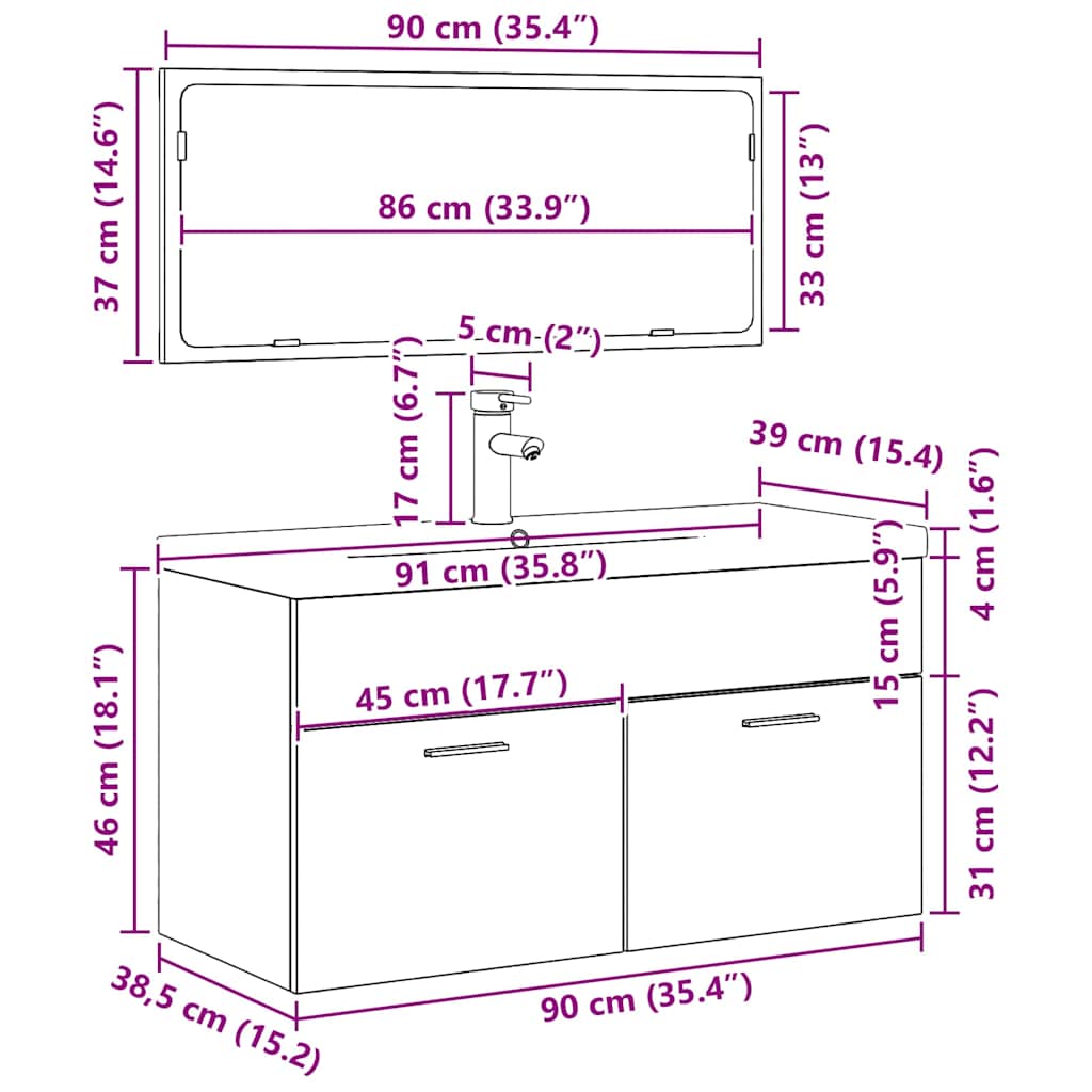 Juego de muebles de baño 3 pcs Roble Negro Madera de ingeniería