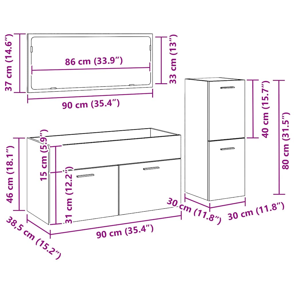 Juego de muebles de baño 3 pcs Roble Negro Madera de ingeniería