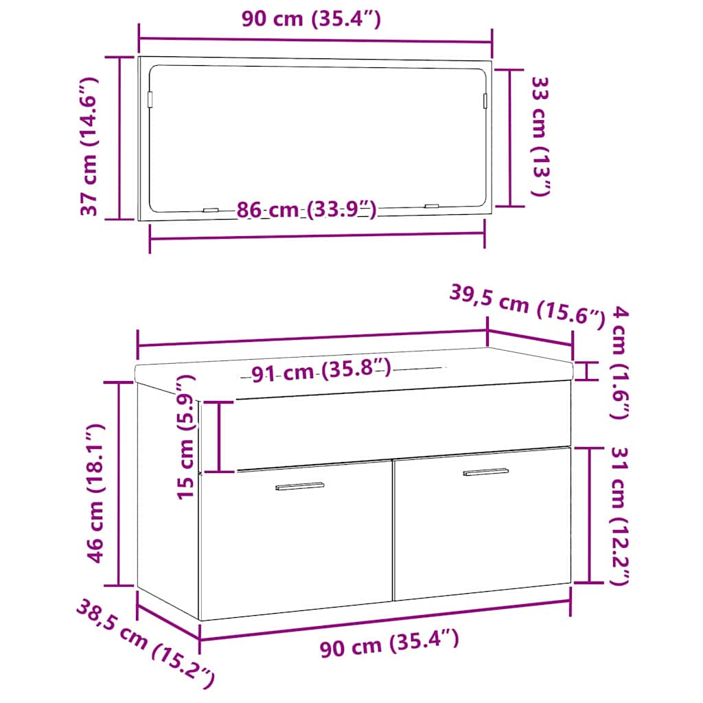 Juego de muebles de baño 3 pcs Roble Negro Madera de ingeniería