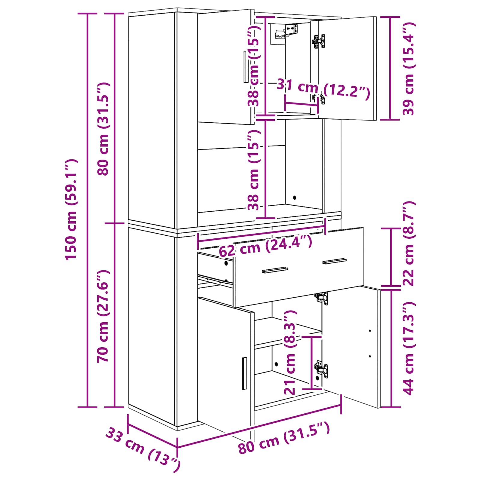 Highboard Madera vieja 80 x 33 x 150 cm Madera contrachapada