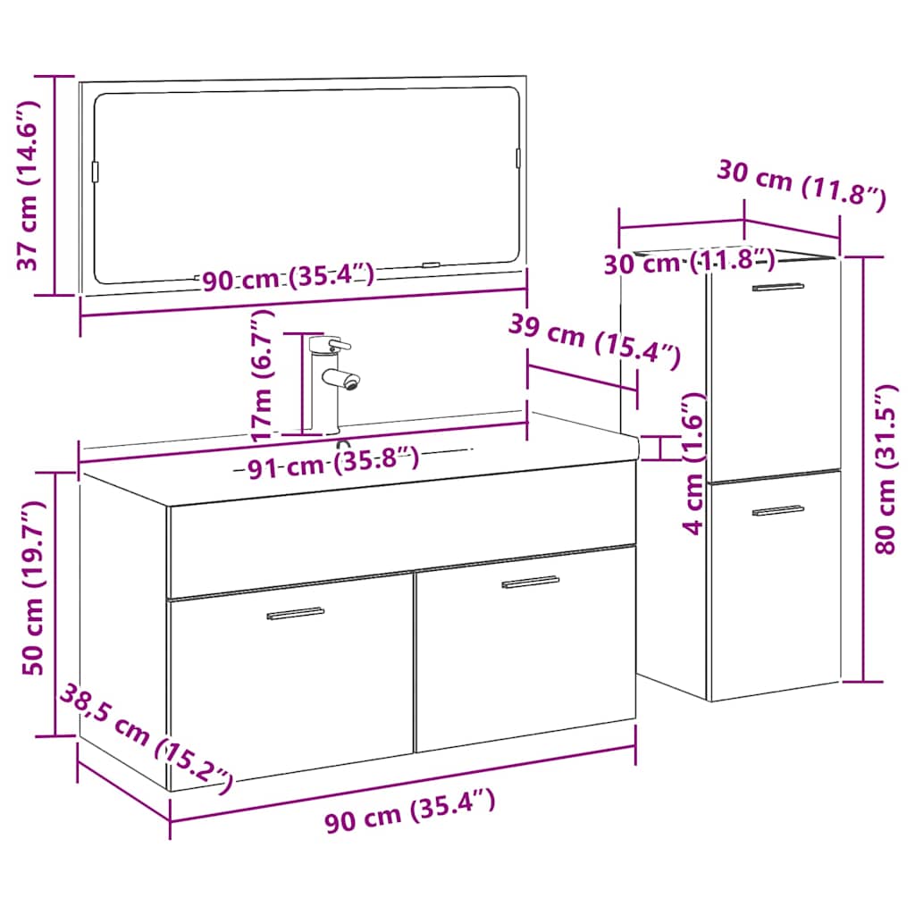 Juego de muebles de baño 4 pcs Roble Negro Madera de ingeniería