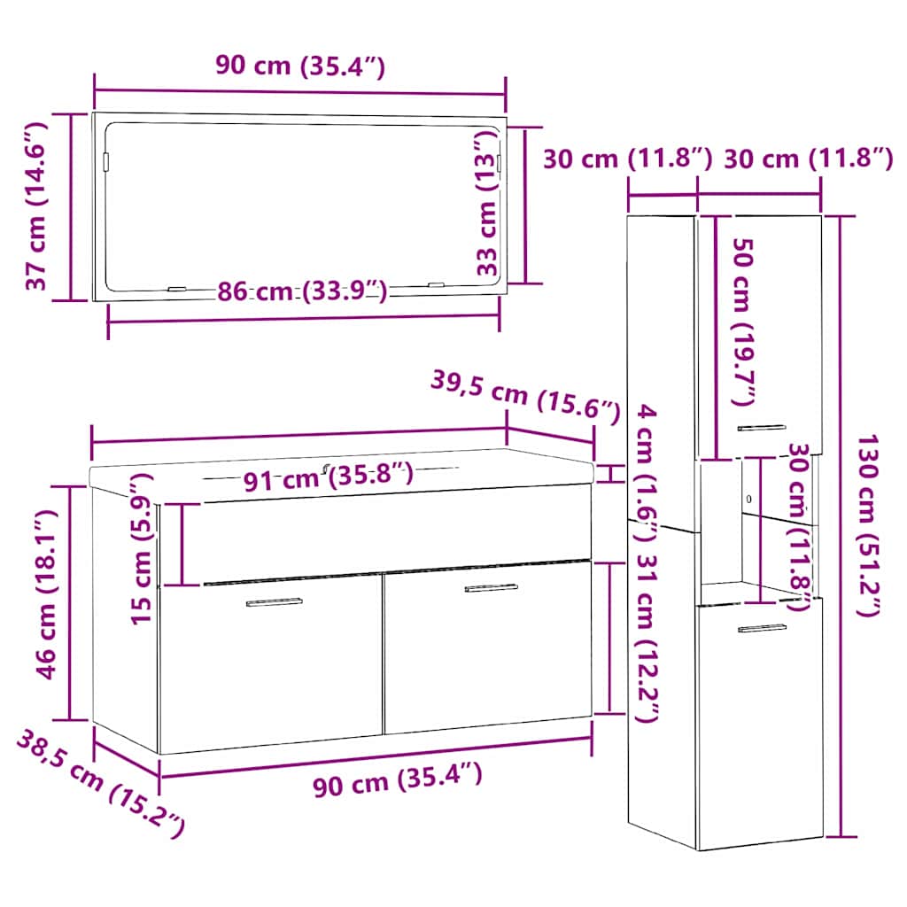 Juego de muebles de baño 4 pcs Roble Negro Madera de ingeniería