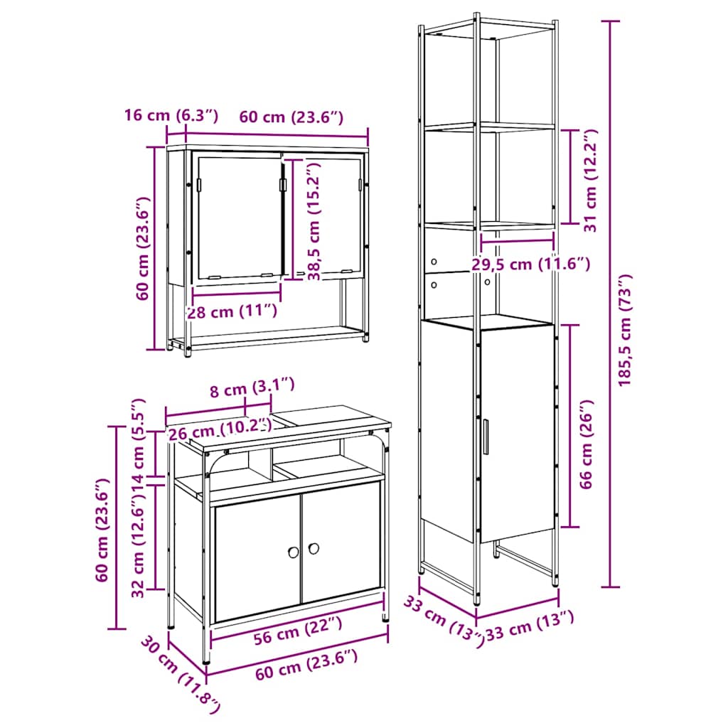 Juego de muebles de baño 3 pcs Roble Negro Madera contrachapada