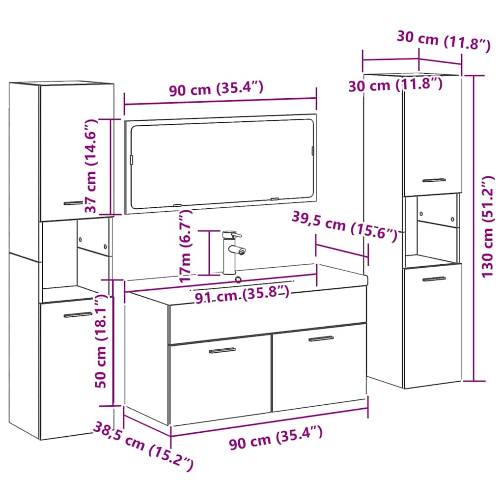 Juego de muebles de baño 4 pcs Roble Negro Madera de ingeniería