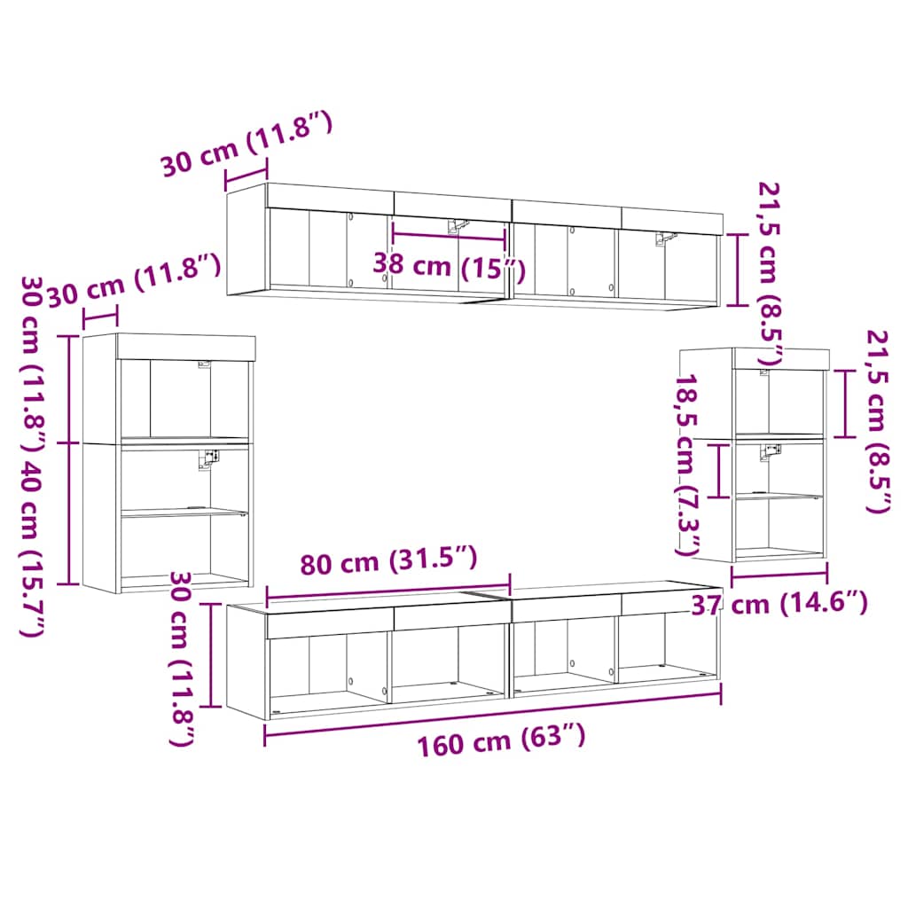 Conjunto de mueble de TV Montaje en la pared 8 pcs Madera vieja