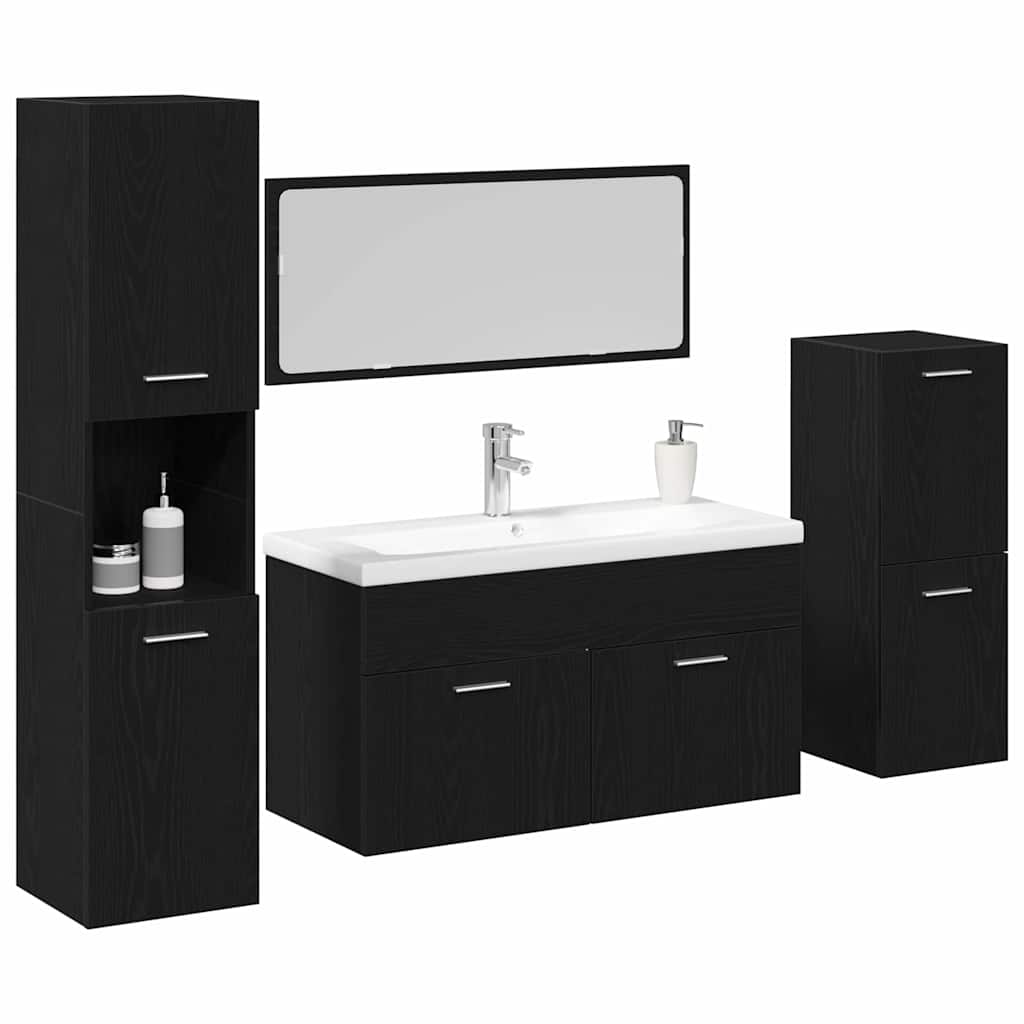 Juego de muebles de baño 4 pcs Roble Negro Madera de ingeniería