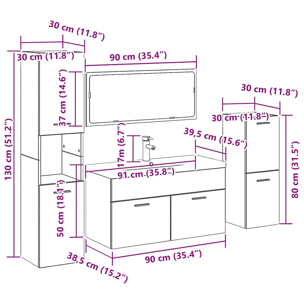 Juego de muebles de baño 4 pcs Roble Negro Madera de ingeniería