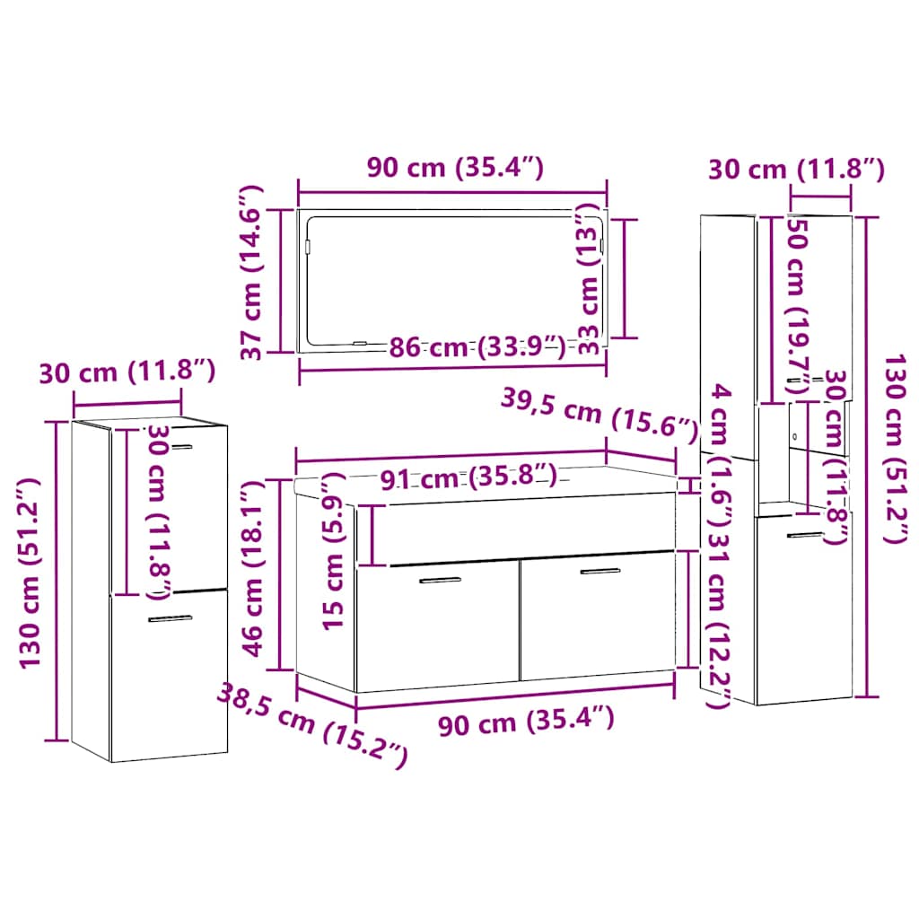 Juego de muebles de baño 5 pcs Roble Negro Madera de ingeniería