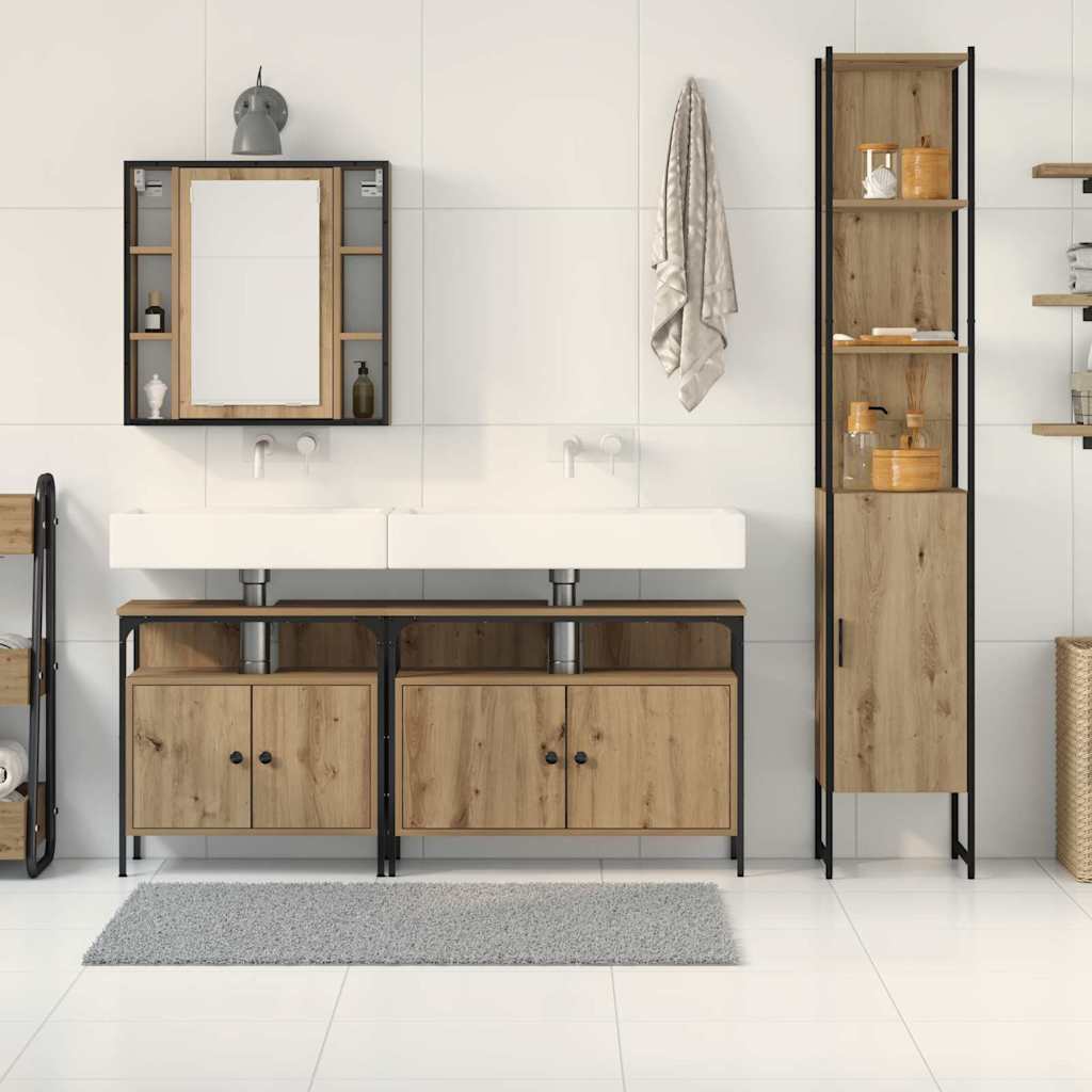 Juego de muebles de baño con estante 4 pcs Roble artesanal