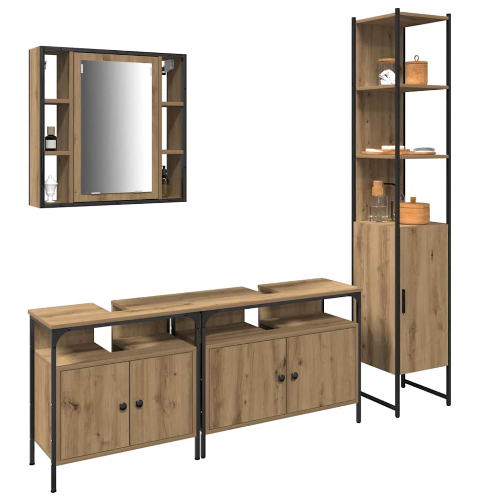 Juego de muebles de baño con estante 4 pcs Roble artesanal